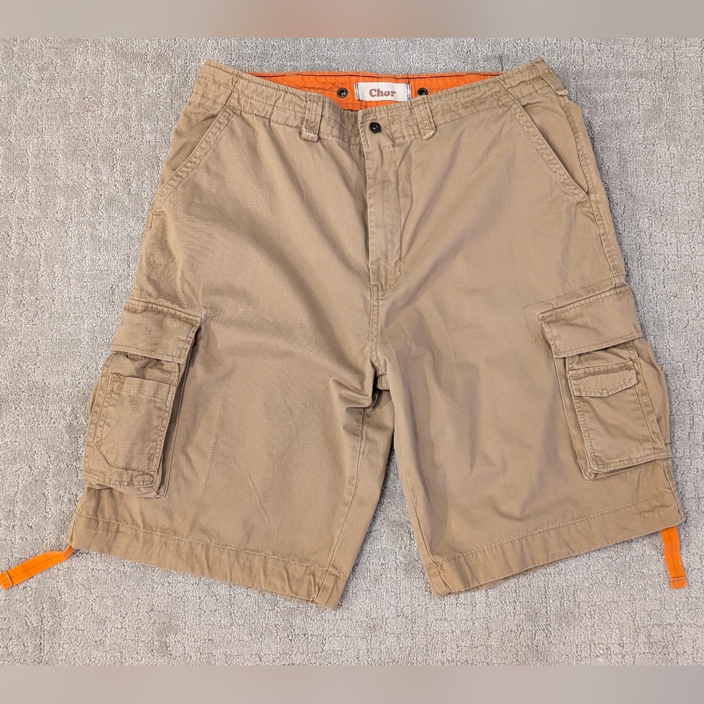 Chor Men's 38 Cargo Pocket Shorts Khaki w/Orange Accents Wide Leg Relaxed Fit